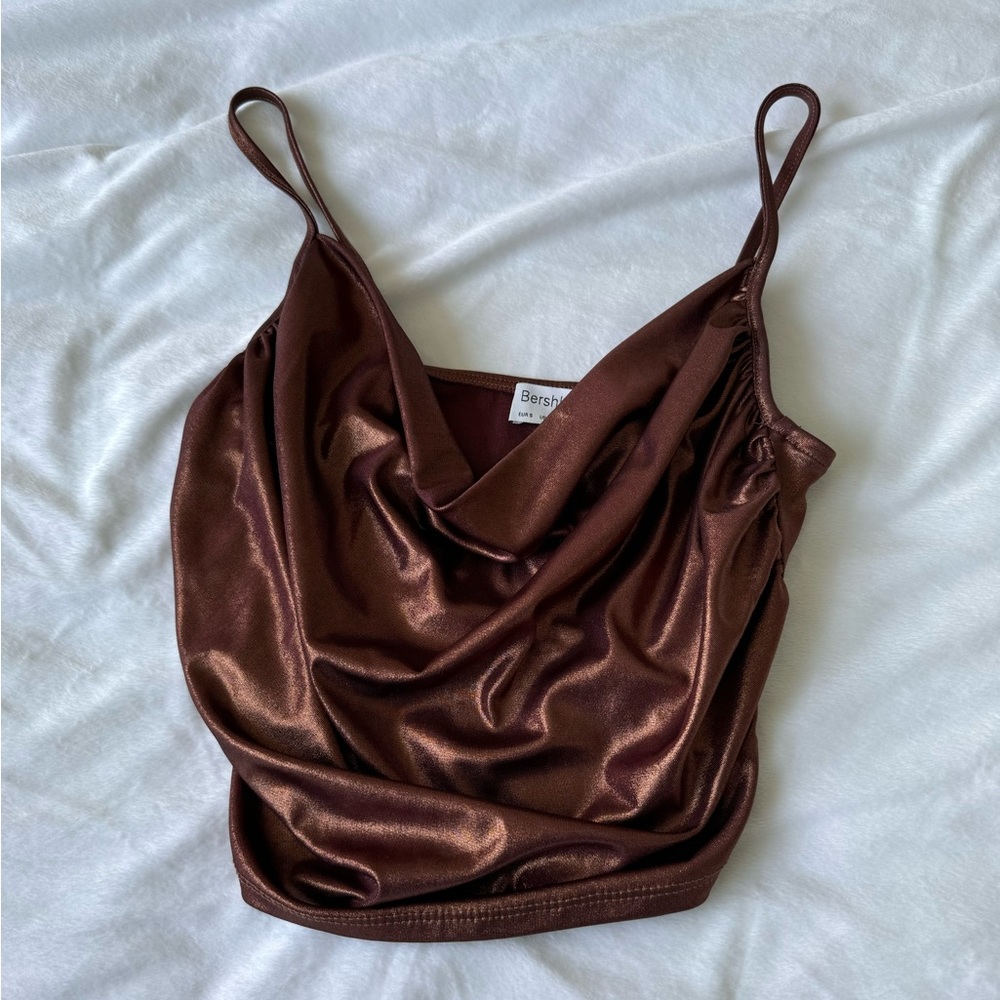 Cowl neck  top, brown shade, spaghetti straps, cropped fit, soft and shiny